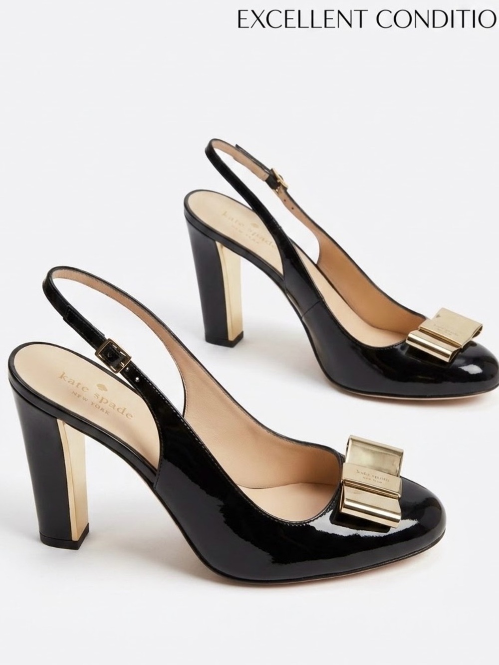 Kate Spade Black Patent Leather Bow Slingback Heels Pumps Size 8.5; Heel 4”